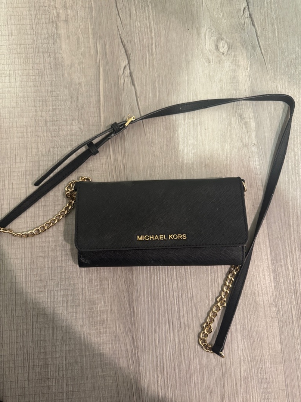 Michael Kors Black Leather Crossbody Wallet with Gold Chain